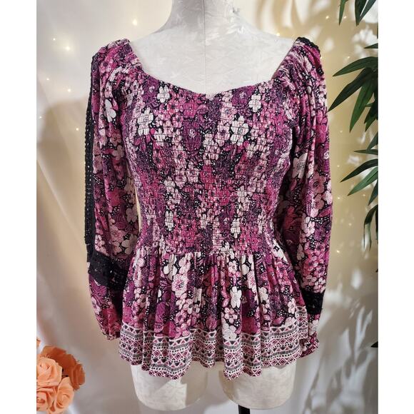 Angie Tops - Vtg Angie Smocked Floral Crochet Balloon Sleeve Peplum Top Size XL Whimsygoth